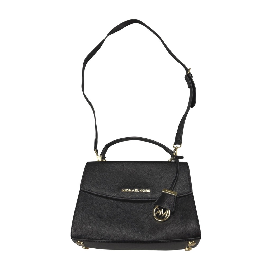 Michael Kors Ava Medium Saffiano Leather Satchel Crossbody Bag Black Gold